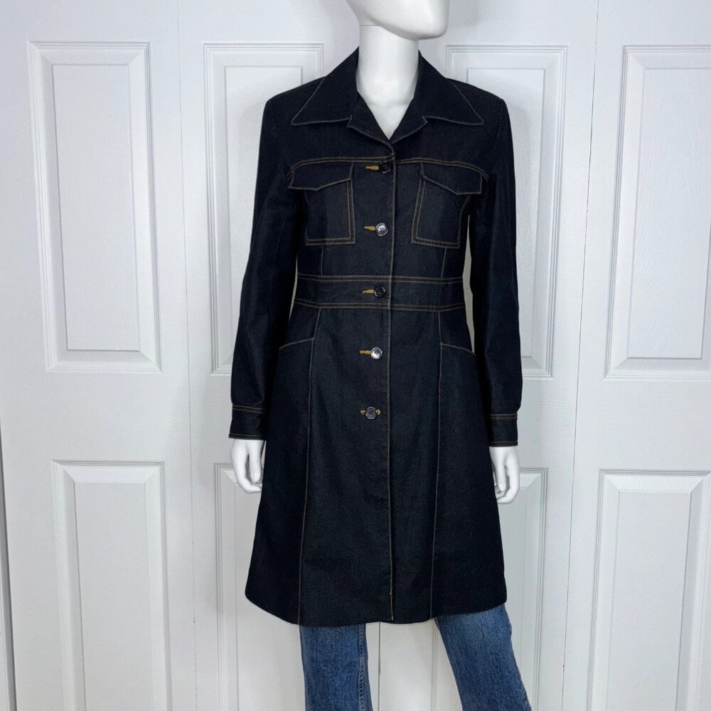 Roxy Black Long Denim Trench Coat with Contrast Stitching